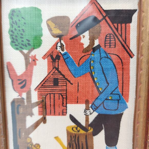 Antique Amish Colonial Farmer Framed Linen Folk Art Woven Hand Painted Rare - Picture 3 of 10